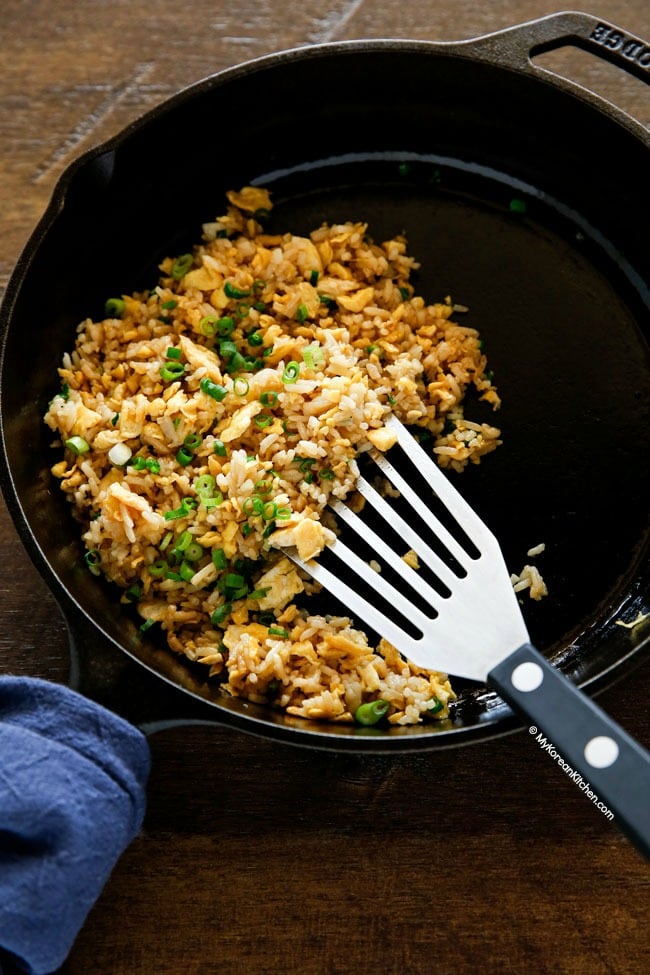 Egg fried rice in a skillet