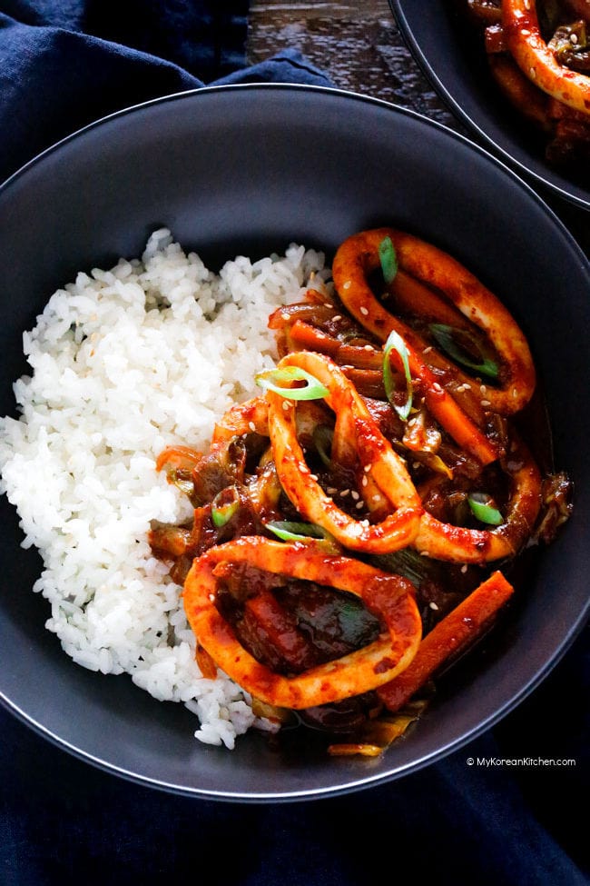 Spicy squid rice bowl overhead shot