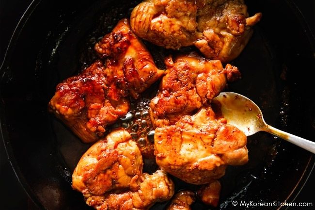Braised chicken thigh fillets in a teriyaki sauce.