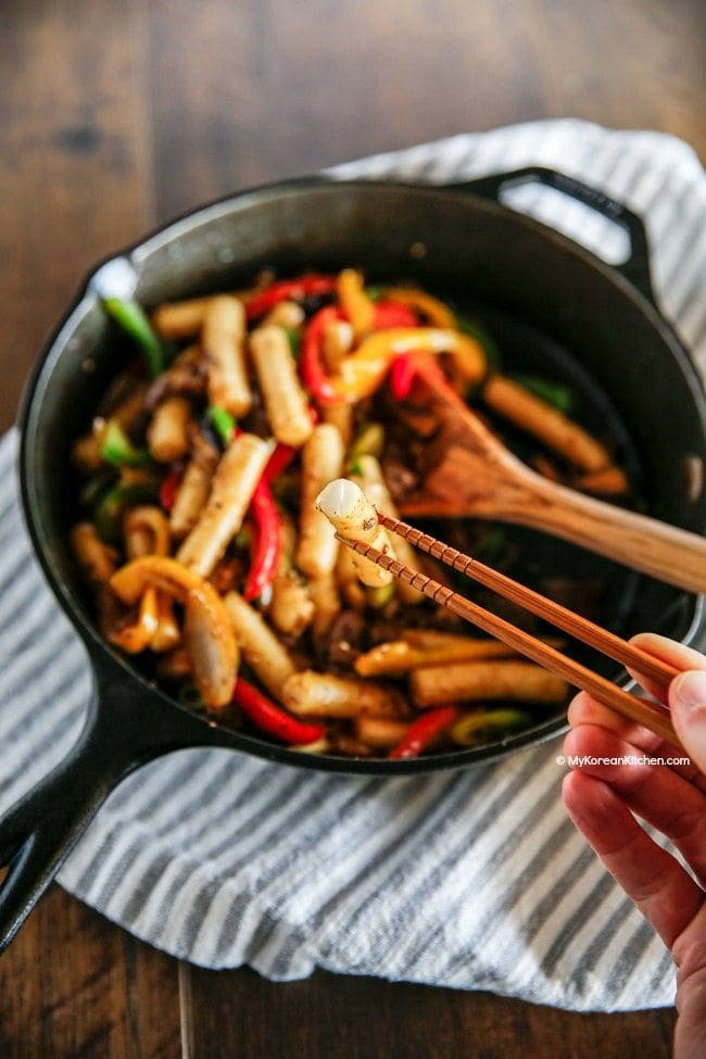 Gungjung Tteokbokki (Korean royal court rice cakes). It is also known as soy sauce Tteokbokki. | MyKoreanKitchen.com
