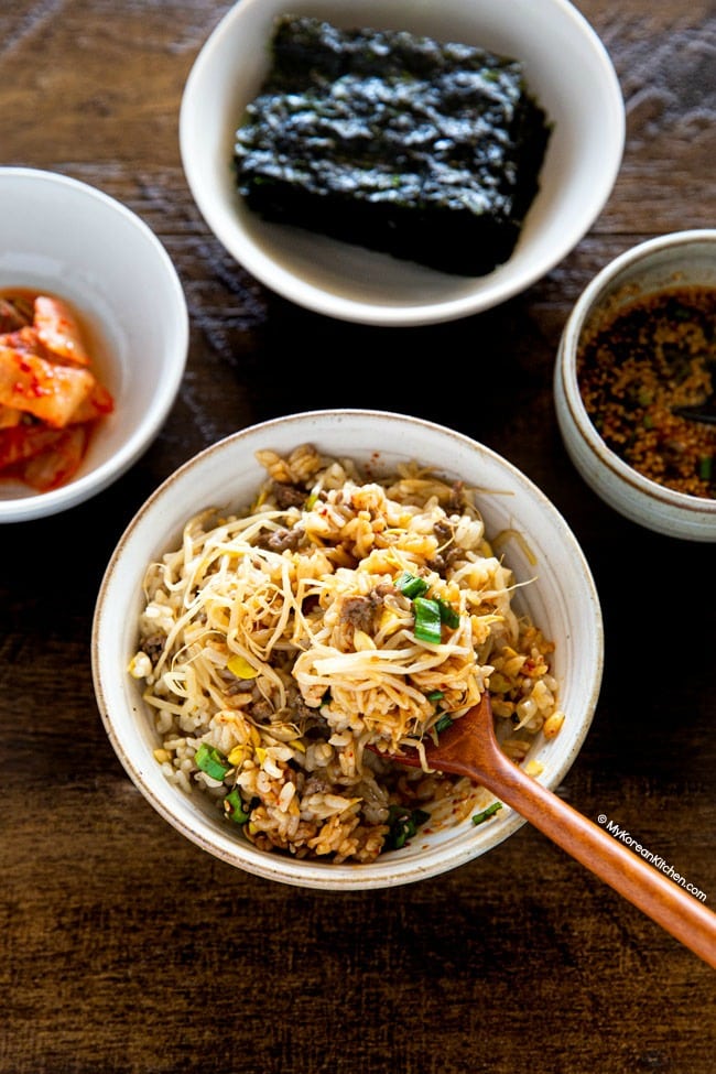 soybean sprout rice scooped on spoon