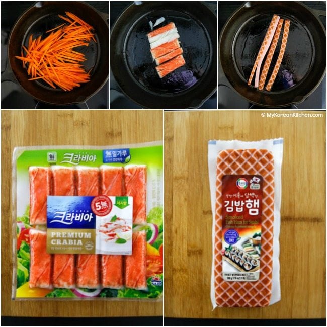 Cooking carrots, crab sticks and kimbap ham in a skillet