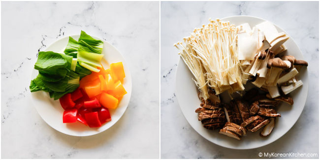 Collage image of various prepared vegetables ready for cooking.