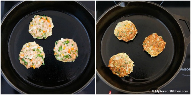 Pan frying tuna pancakes
