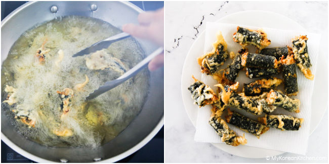 A collage image of picking out gimmari from a deep frying wok with a pair of tongs and gimmari lying on a piece of paper towel.