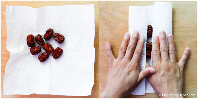 Drying the dried jujube with kitchen paper.
