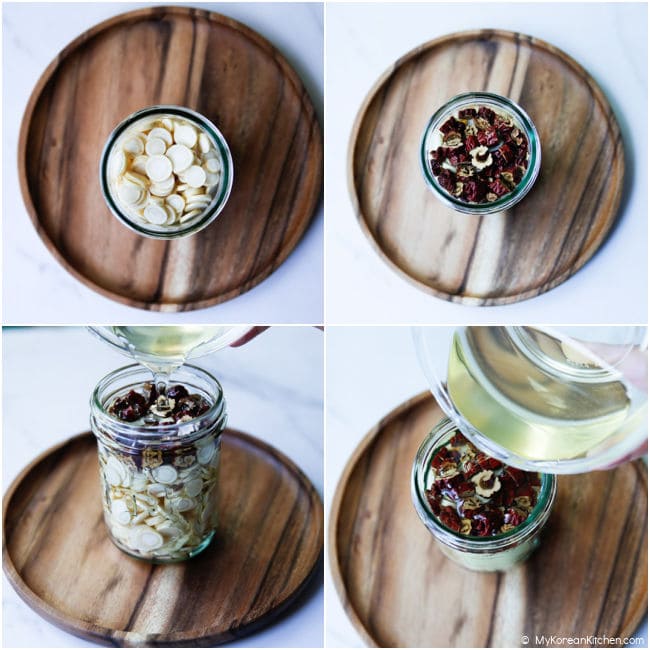 Step-by-step images of making ginseng honey marmalade in a glass jar.