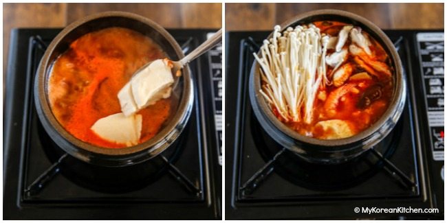 Sundubu Jjigae - Adding tofu, mushrooms and egg