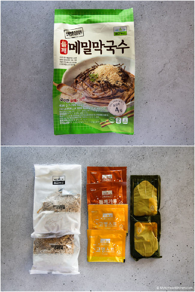 Collage image of pre-packaged Memil guksu and its contents.