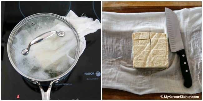 Cooking tofu for Tofu Kimchi
