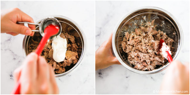 Mixing tuna with mayonnaise