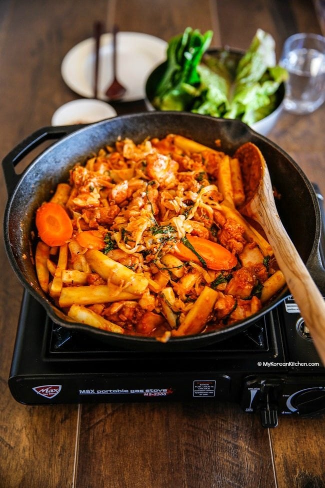 Dak Galbi (Korean spicy chicken stir fry) tastes the best when cooked in a cast iron pan! | MyKoreanKitchen.com