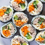 Tuna kimbap close up photo.