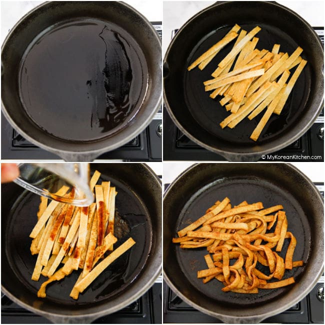 collage photo of stir frying fish cake