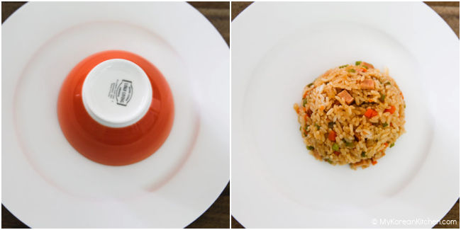 Serving fried rice on a white plate