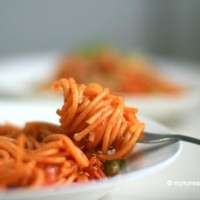 Kimchi Spaghetti with Bacon | MyKoreanKitchen.com