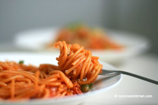 Kimchi Spaghetti with Bacon | MyKoreanKitchen.com