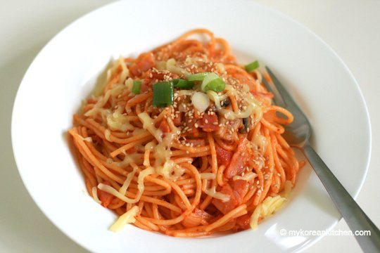 Kimchi Spaghetti with Bacon | MyKoreanKitchen.com