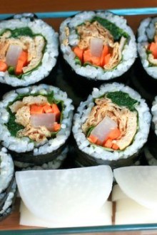 Korean Style Inari Roll (Yubu Kimbap). It's made with seasoned deep fried tofu pouches. Super delicious! | MyKoreanKitchen.com