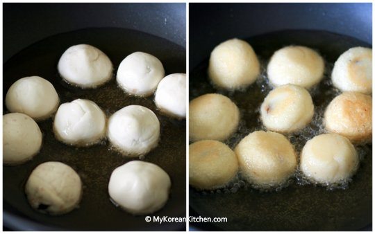 Deep frying chapssal donuts
