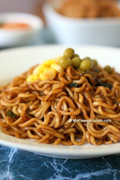 Chapaguri served in a white pasta bowl