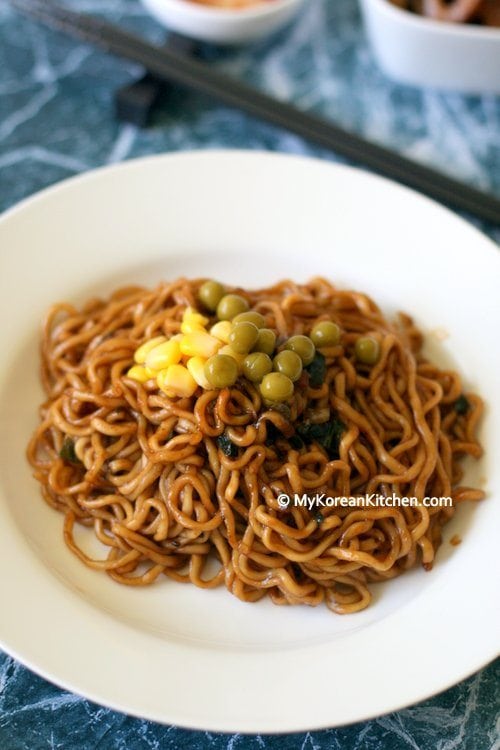 Jjapaguri on a white pasta bowl