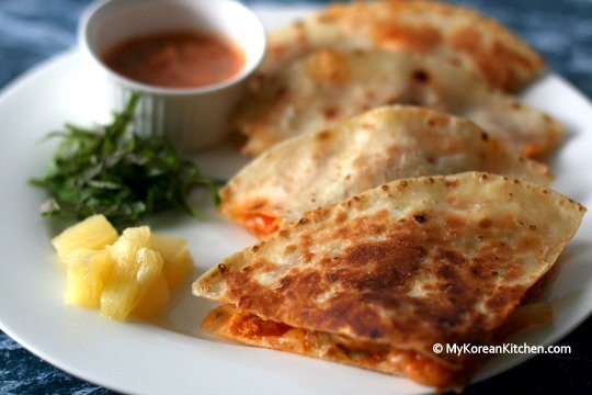 Dakgalbi Quesadilla (Korean Spicy Chicken Quesadilla) with Gochujang Salsa Sauce