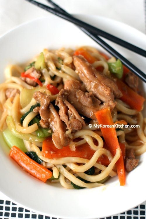 Korean Style Stir-fried Udon Noodles with Chicken and Veggies | MyKoreanKitchen.com