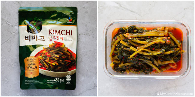 Yeolmu kimchi package and kimchi in a glass container.