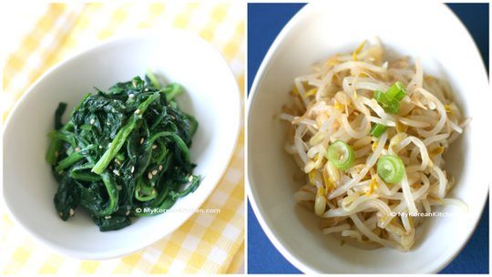 Korean spinach salad and bean sprouts salad