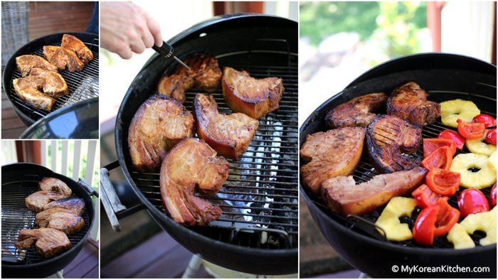 Korean Style BBQ Pork Chops grilling on the BBQ