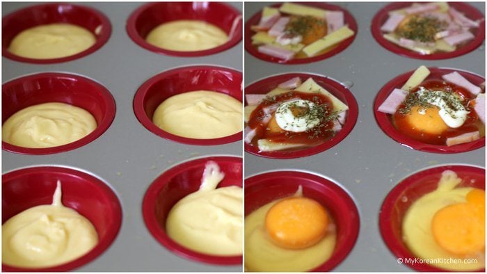 Scoop out some batter onto the muffin tray then add the egg