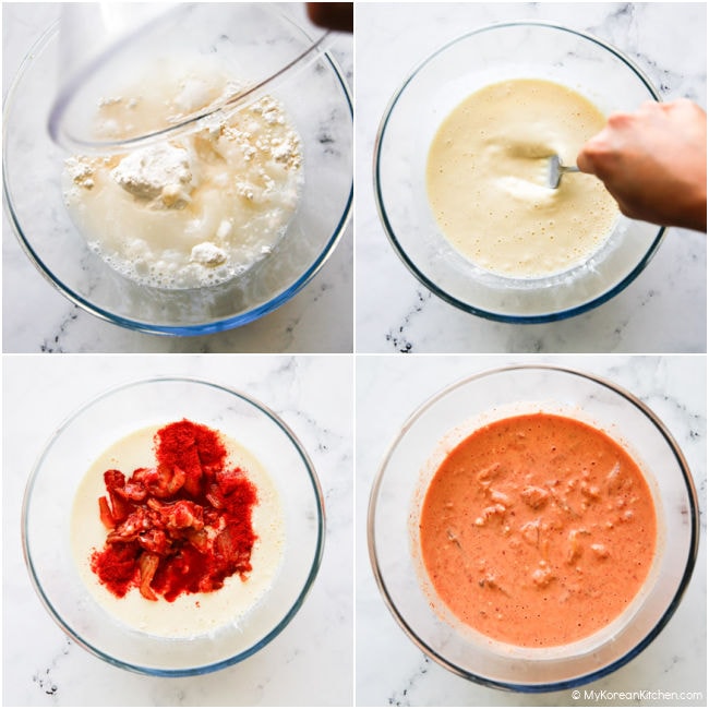 Step-by-step images showing how to make kimchi pancake batter: mixing flour and water, then adding kimchi and chili flakes