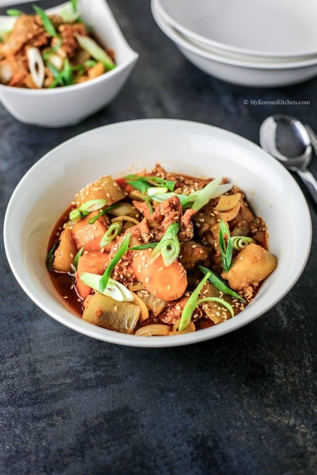 Slow Cooker Korean Spicy Braised Chicken and Potatoes (Dakdoritang) | MyKoreanKitchen.com