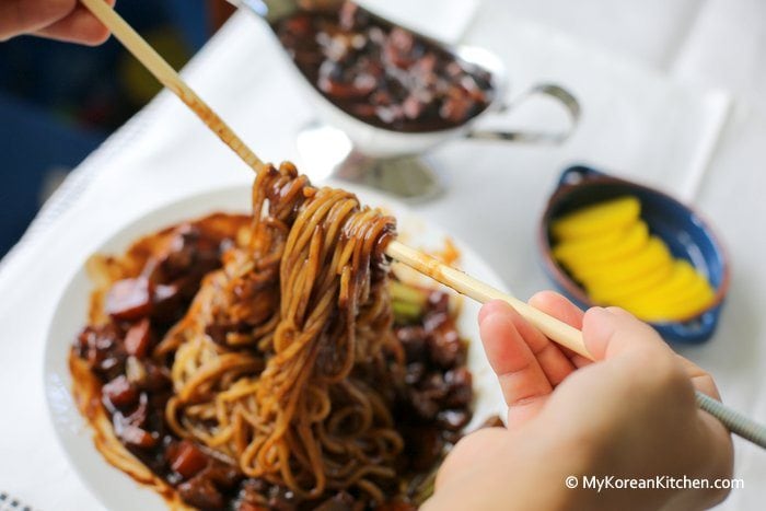 Korean Black Bean Sauce Noodles (Jajangmyeon) | MyKoreanKitchen.com