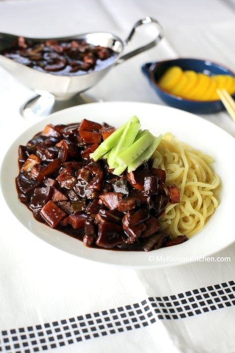 Korean Black Bean Sauce Noodles (Jajangmyeon) | MyKoreanKitchen.com