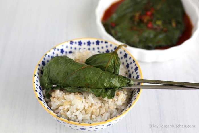 Pickled Perilla Leaves in Soy Sauce (Kkaennip Jangajji) with rice