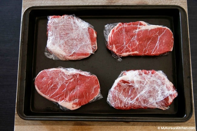 Bulgogi meat on a baking tray