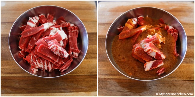 Marinating bulgogi in a mixing bowl