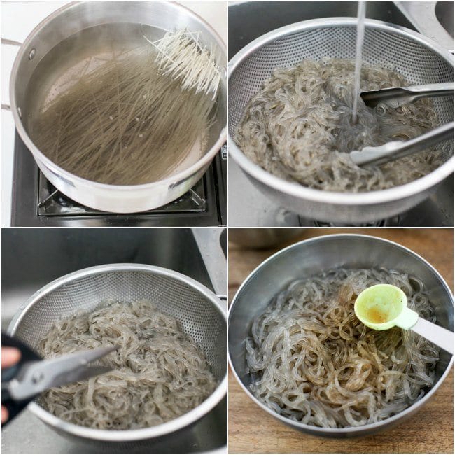 Cooking Korean sweet potato starch noodles for Japchae