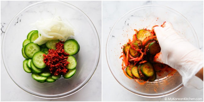 Collage showing sliced cucumber, onion, and oi muchim sauce being mixed.