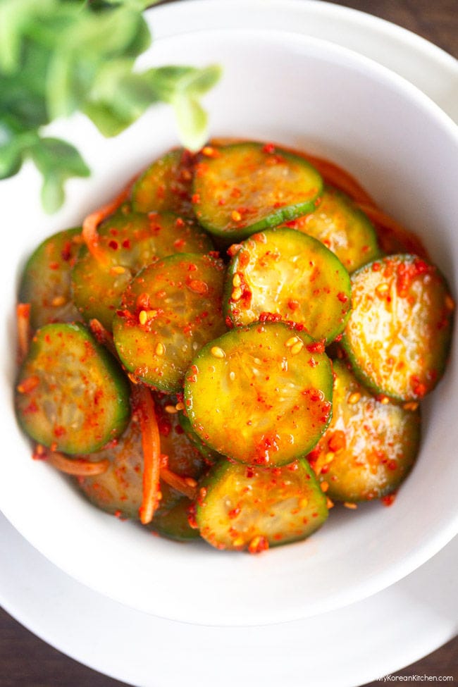 Close-up view of a bowl of oi muchim.