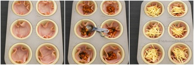 Photo collage of assembly line. - ham, kimchi and cheese in the muffin tray