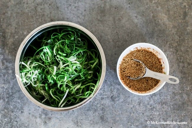 Korean Spicy Green Onion Salad. This salad is the most well-known Korean BBQ salad. It pairs very well with non-marinated meat (e.g. Korean pork belly) | MyKoreanKitchen.com