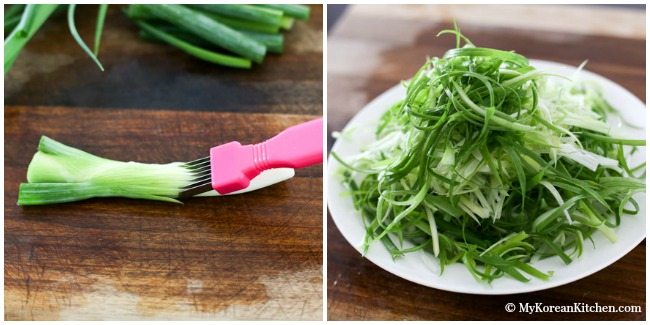 Cutting green onions using a special green onion cutter