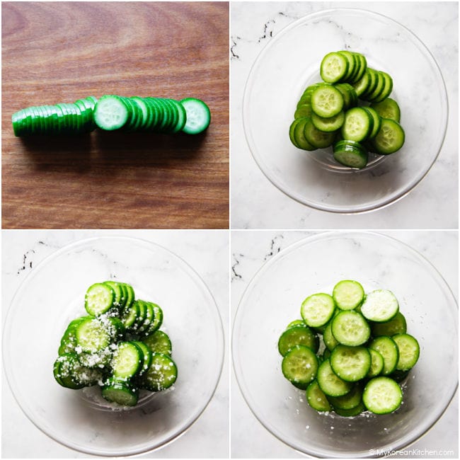 Collage showing cucumber being sliced and mixed with salt in a clear bowl for Oi Muchim preparation.