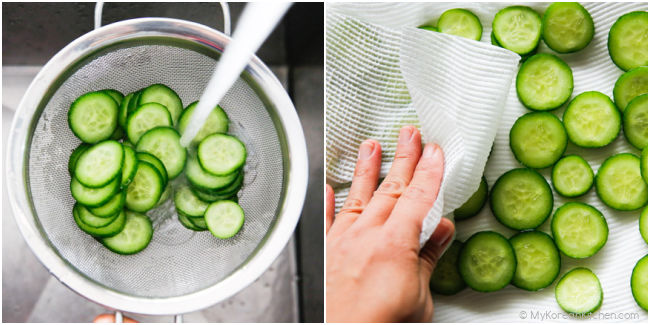 Rinsing salted cucumbers and patting dry with kitchen paper.