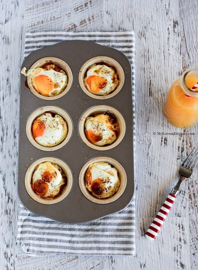 Ham, Egg and Kimchi Cup: On the go breakfast with a Korean twist; This is a great way to sneak in some Kimchi for those who are not used to it. A simple yet elegant Korean fusion dish. | MyKoreanKitchen.com