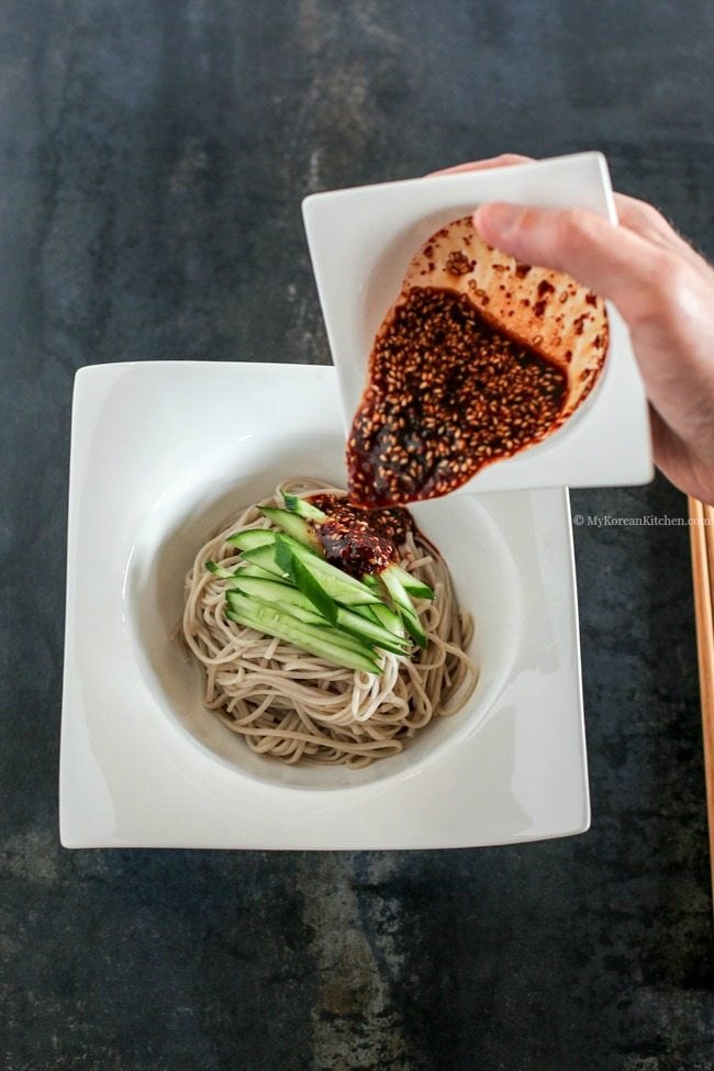 Cucumber Soba Noodles with Sweet Chili Soy Dressing. Delicious, light, refreshing and more-ish. A perfect summer dish. | MyKoreanKitchen.com