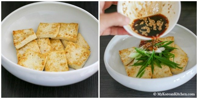 Easy and delicious Korean tofu side dish - Pan Fried Tofu in Garlic Soy Sesame Sauce (Dubu Buchim) recipe. Budget friendly and Vegetarian friendly | MyKoreanKitchen.com